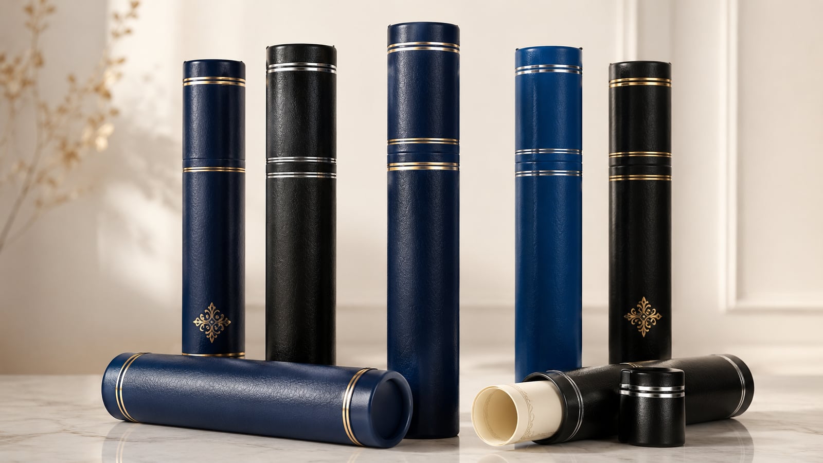 Refined diploma scrolls in various colours with gold embossing and crest